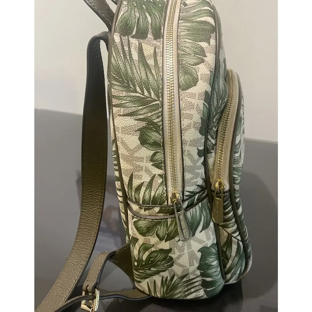 NWT Michael Kors Leather Abbey Vanilla Olive MK Logo Palm Leaf Backpack Rare